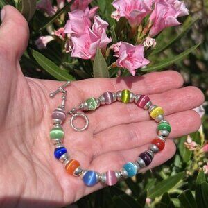 STERLING SILVER Multicolor Cats Eye Glass Bead Toggle BRACELET